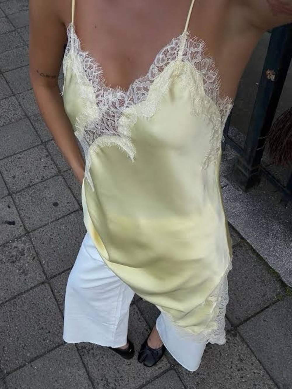 Satin Lace-Trim Camisole in Pale Yellow